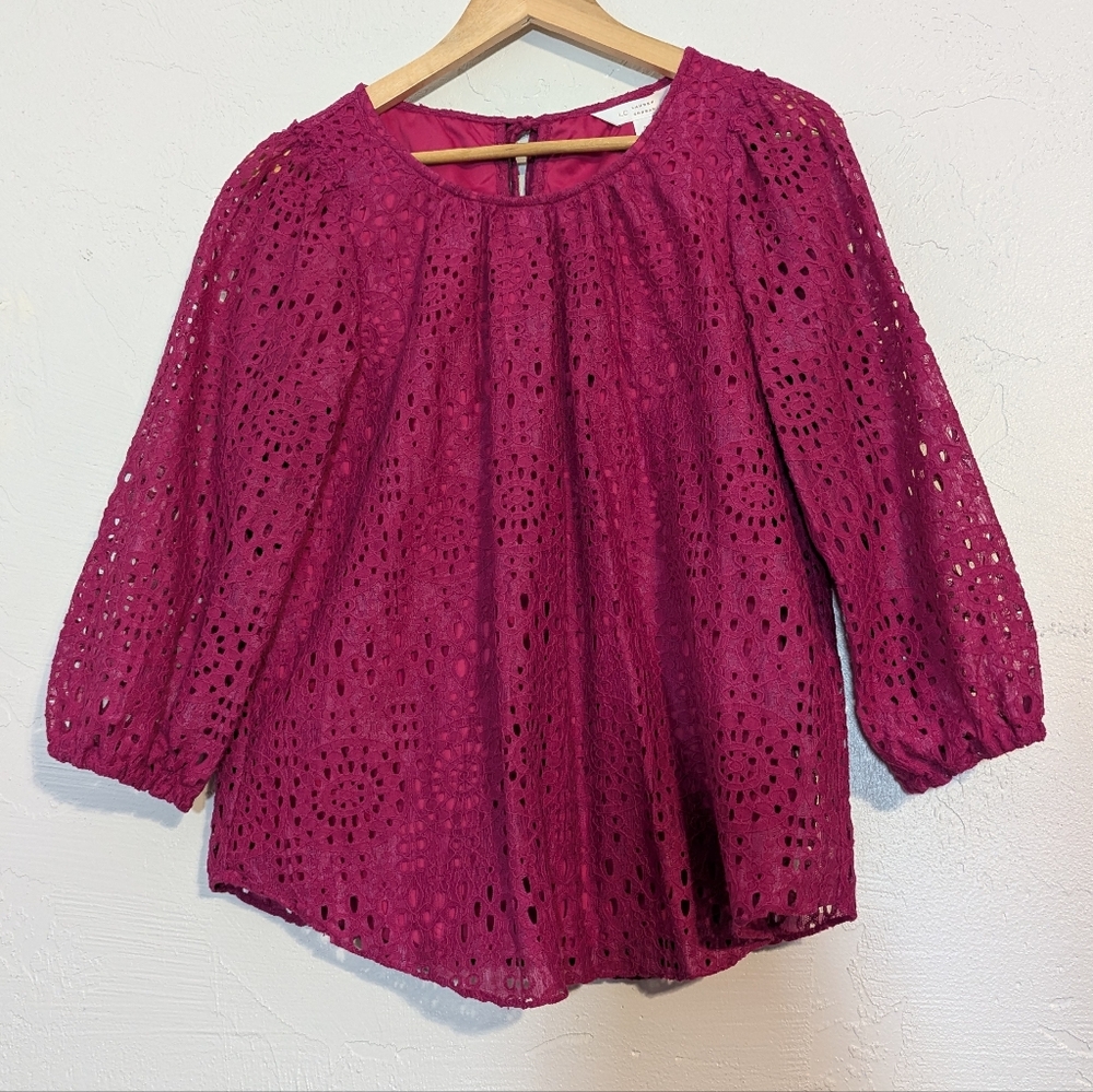 Pink Eyelet Lace Flowy Peasant Blouse Office Teacher Cute Girly Casual Barbie